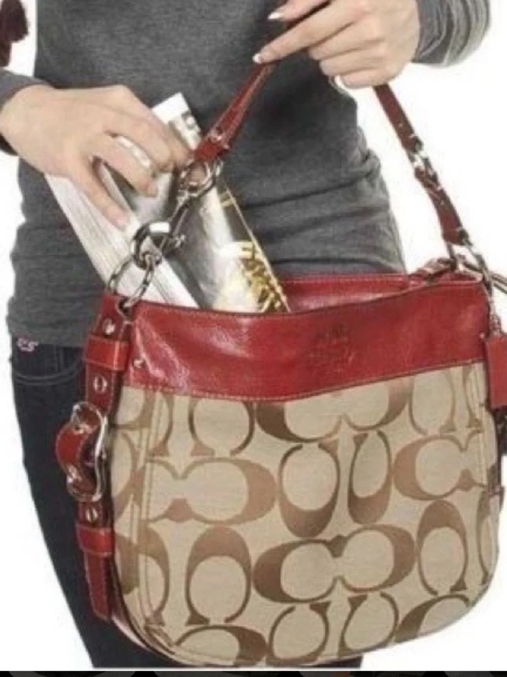 Coach Signature Canvas Hobo with Red Leather Trim